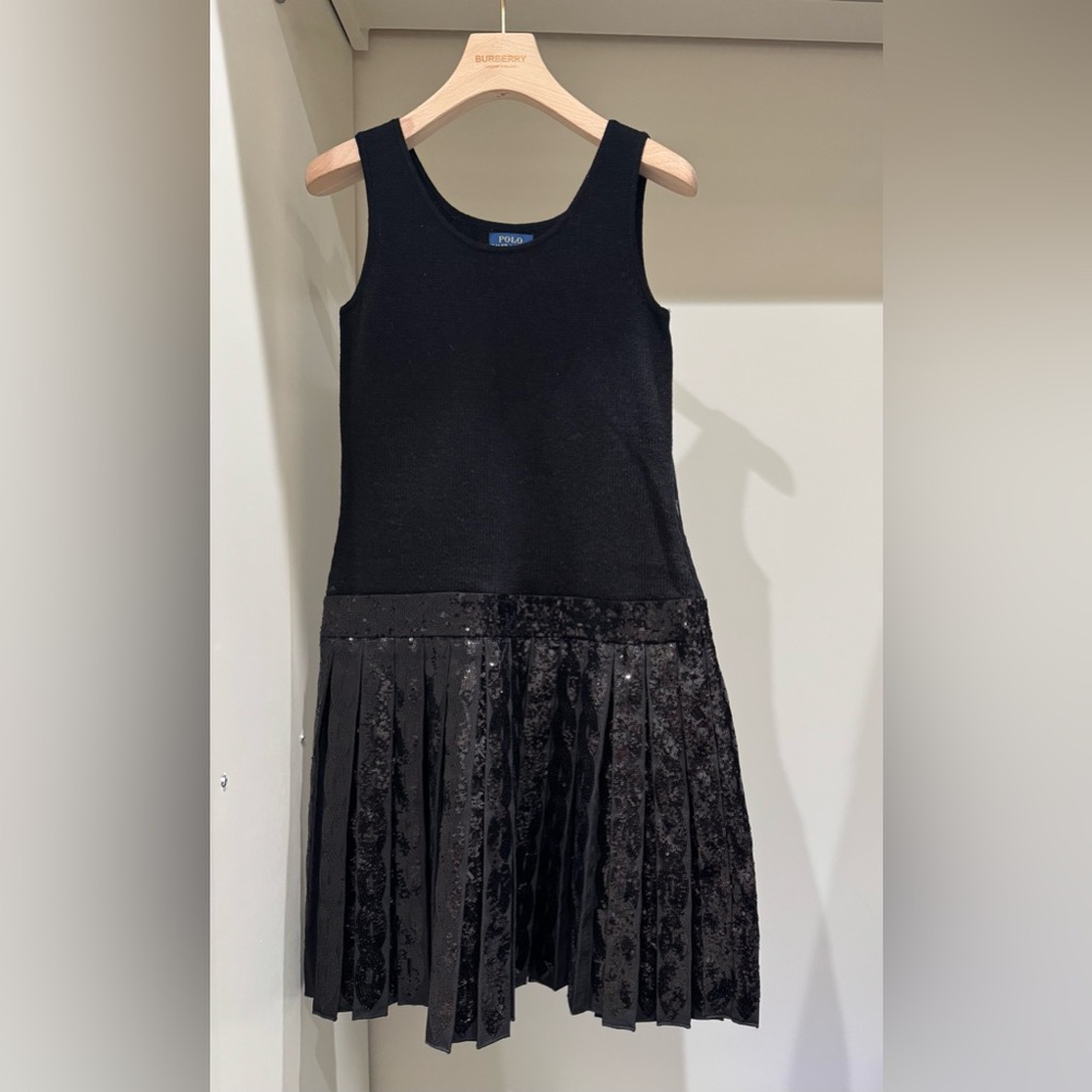 Polo Ralph Lauren Black Sleeveless Knit Sequin Pleat-Skirt Dress. Size L/XL